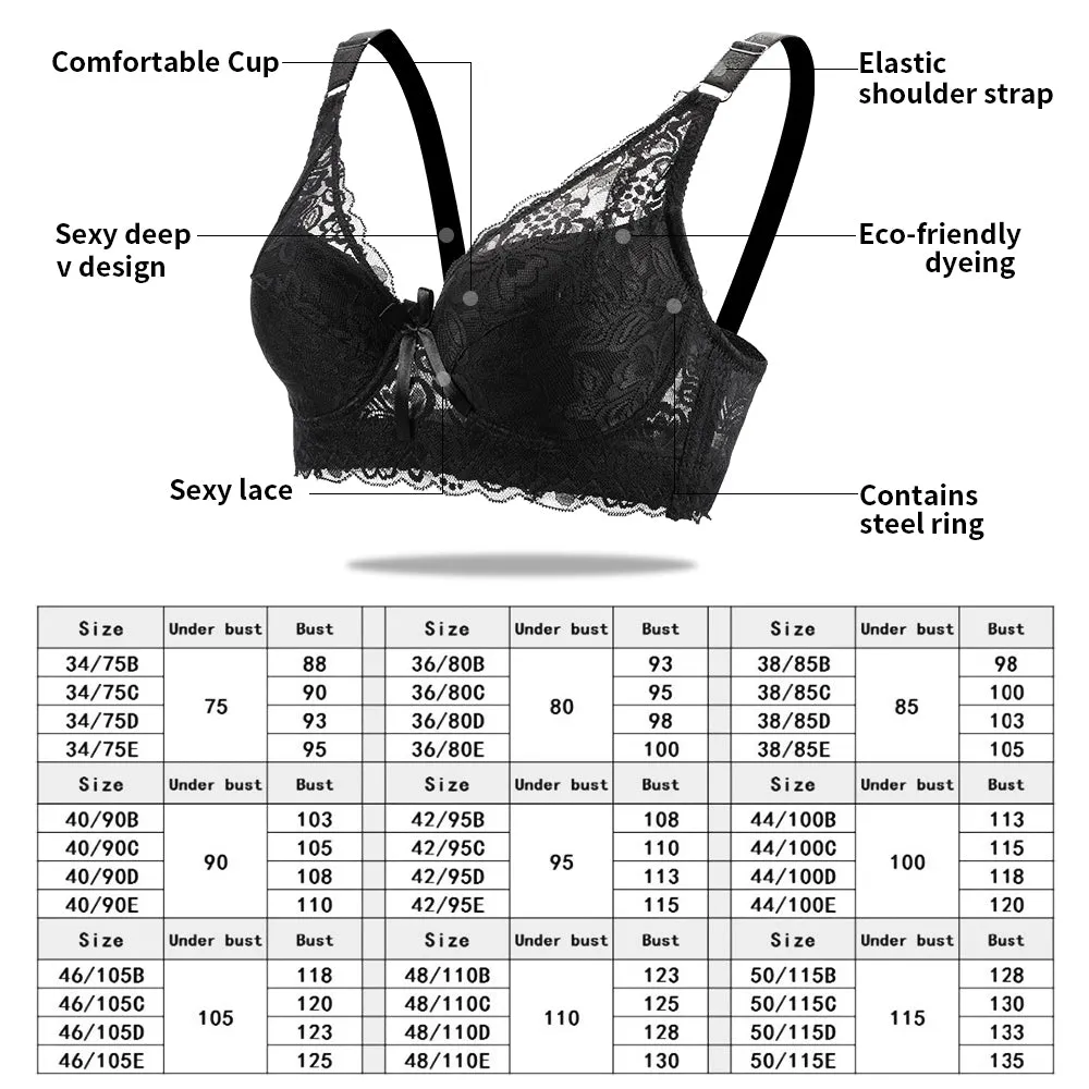 2 Piece Lace Bra Push Up Bras Underwear Bralette Lingerie Plus Size Tops Brassiere BH Backless Bras