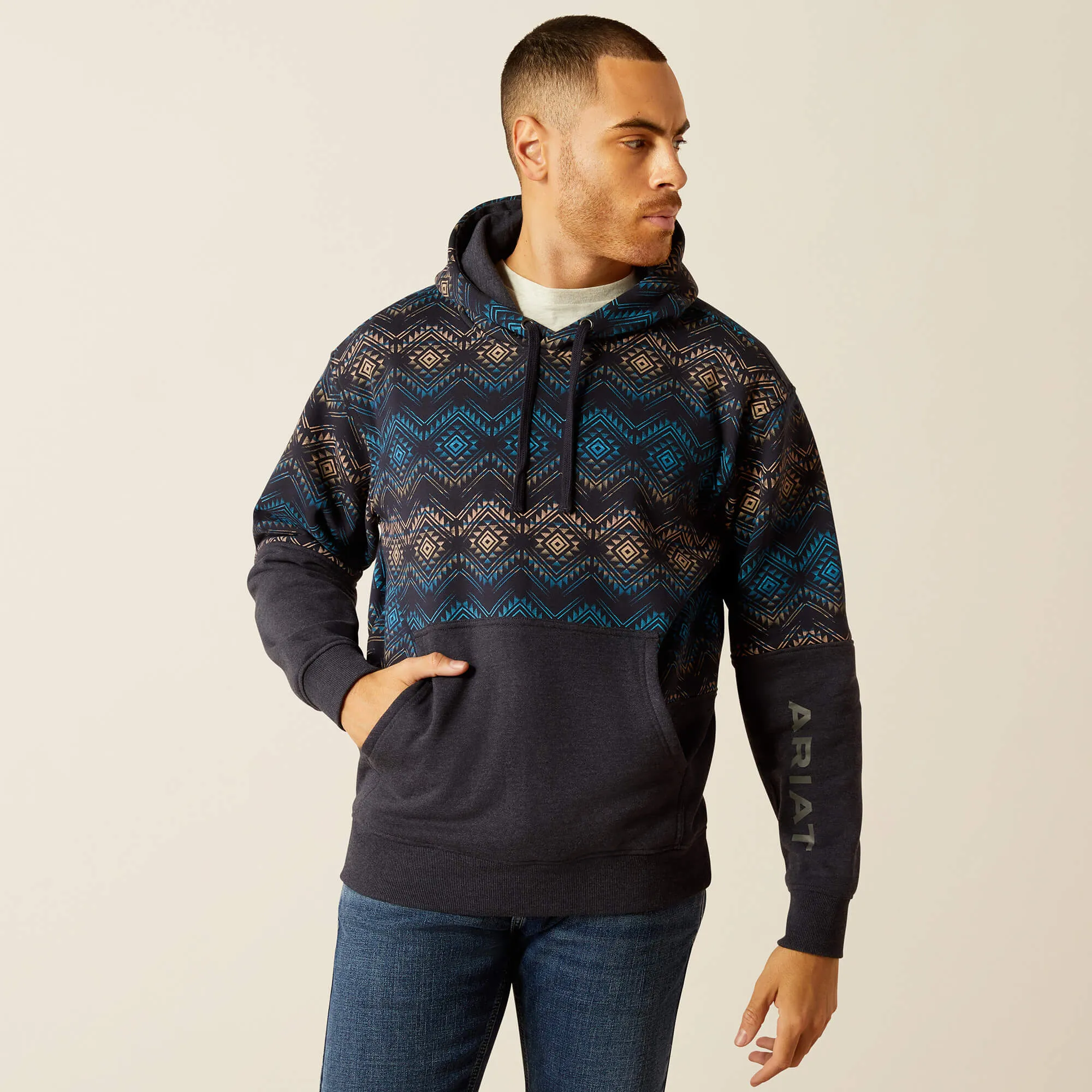 Ariat Navy Color Block Southwest Pattern Hoodie for Men