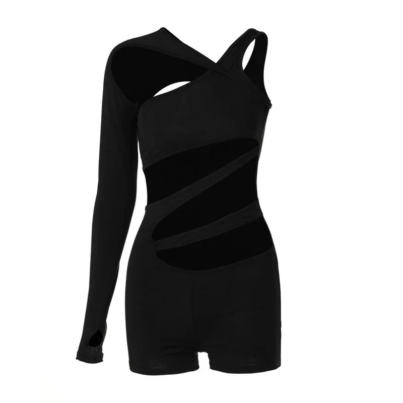 Asymmetrical Neck Long Sleeve Cut Out Layer Biker Romper - Black