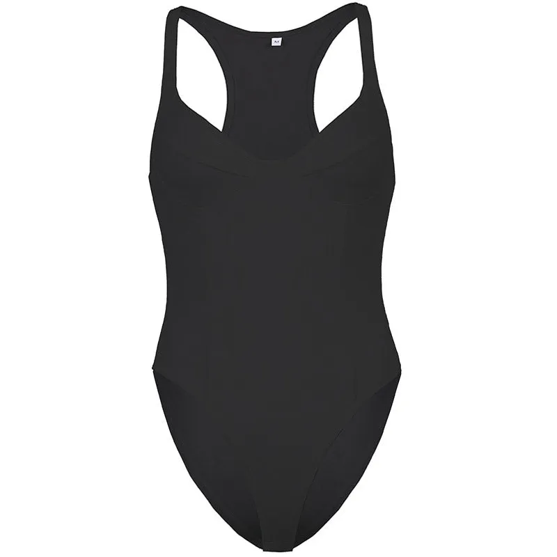 Athletic Sweetheart Bustier Racerback High Leg Fitted Bodysuit - Black