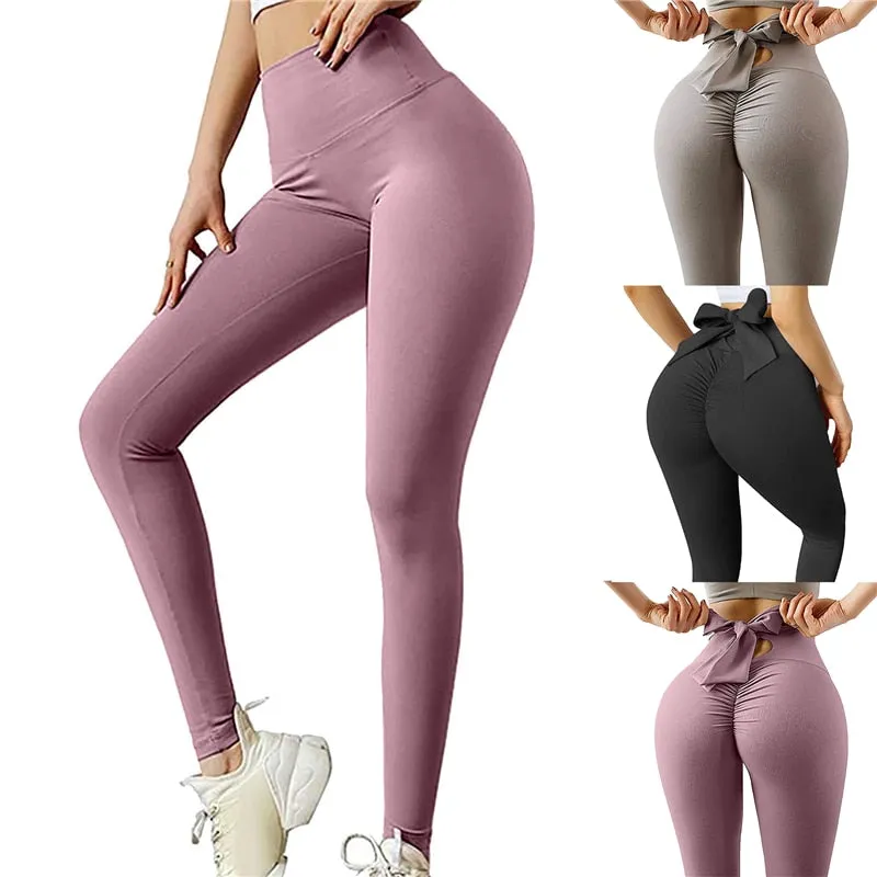 Back to school outfit Amozae  Women Bow Workout Fitness Gym Yoga Leggings Solid Mesh High Waist Athletic Tights Pants Running Sports Wear Leggings