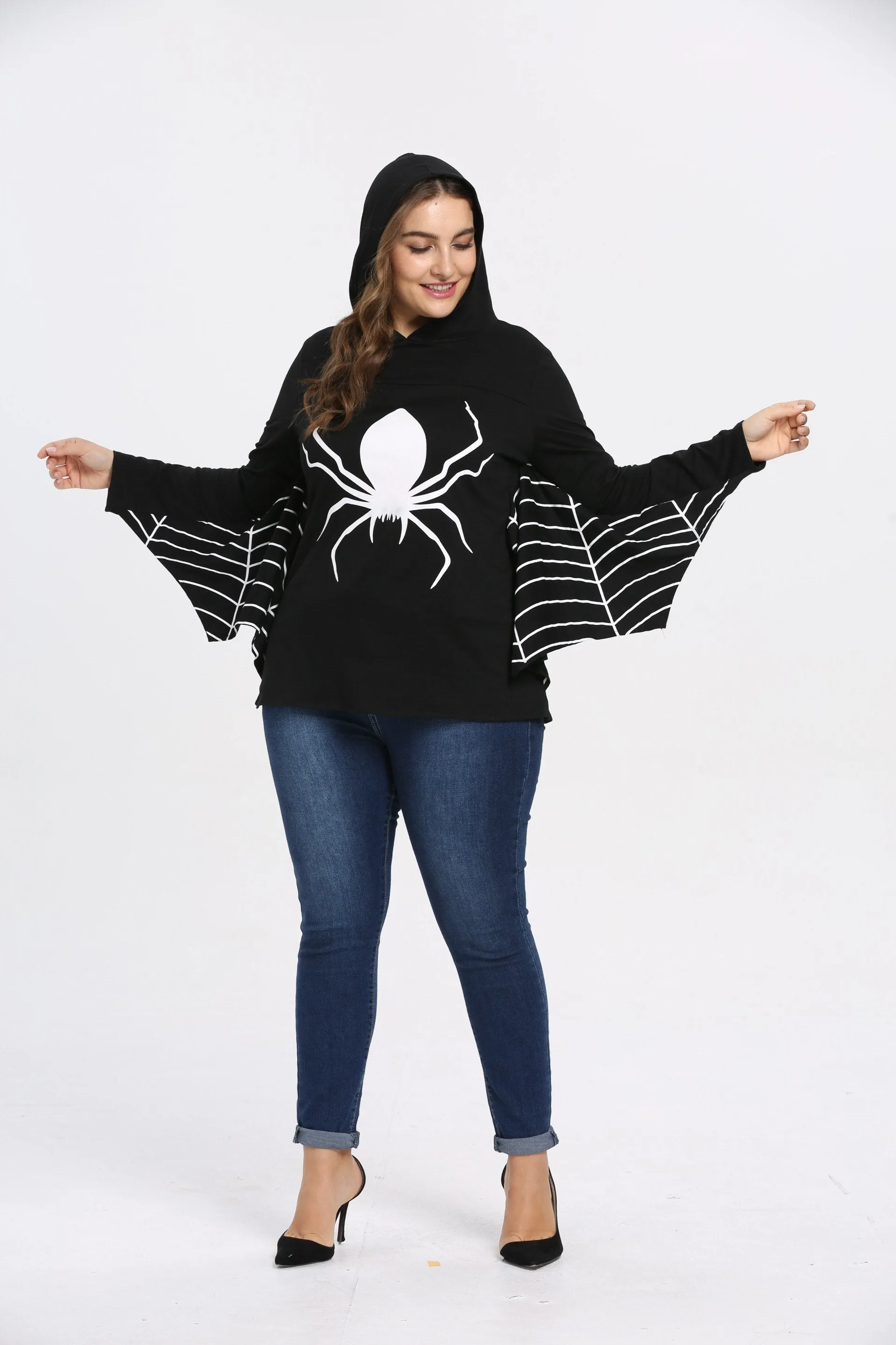 Bat Wing Sleeve Spider Web Print Halloween Fashion