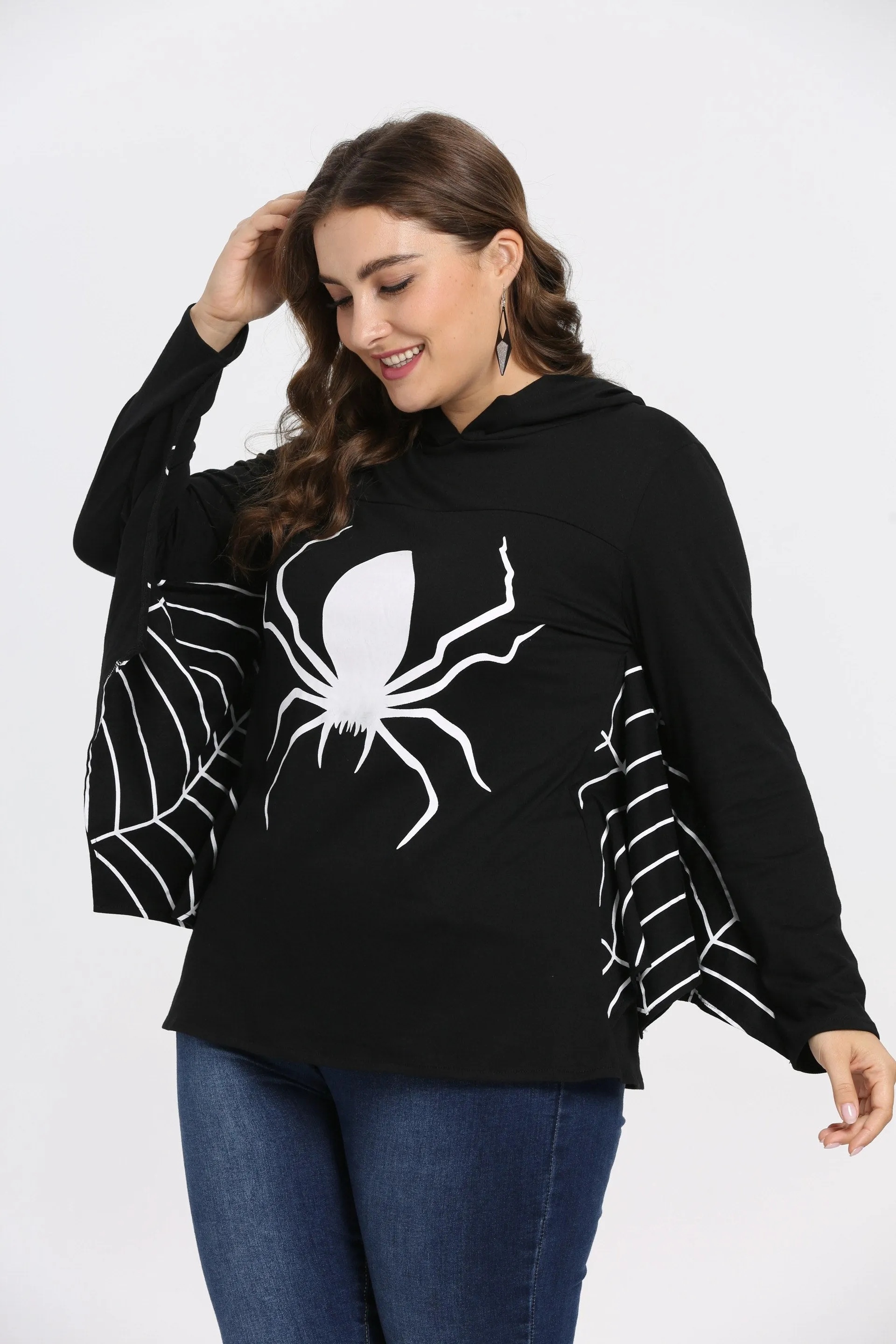 Bat Wing Sleeve Spider Web Print Halloween Fashion