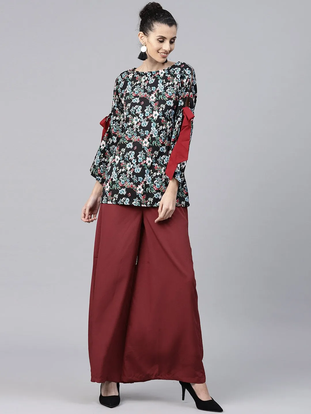 Black & Blue printed full sleeve Crepe tops with red palazzo