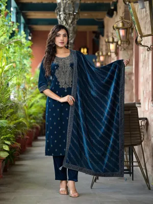 Blue Ethnic Motif Printed Velvet Kurta Set With Tassels