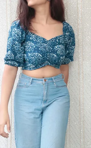 BLUE HANDBLOCK PRINT CROP TOP