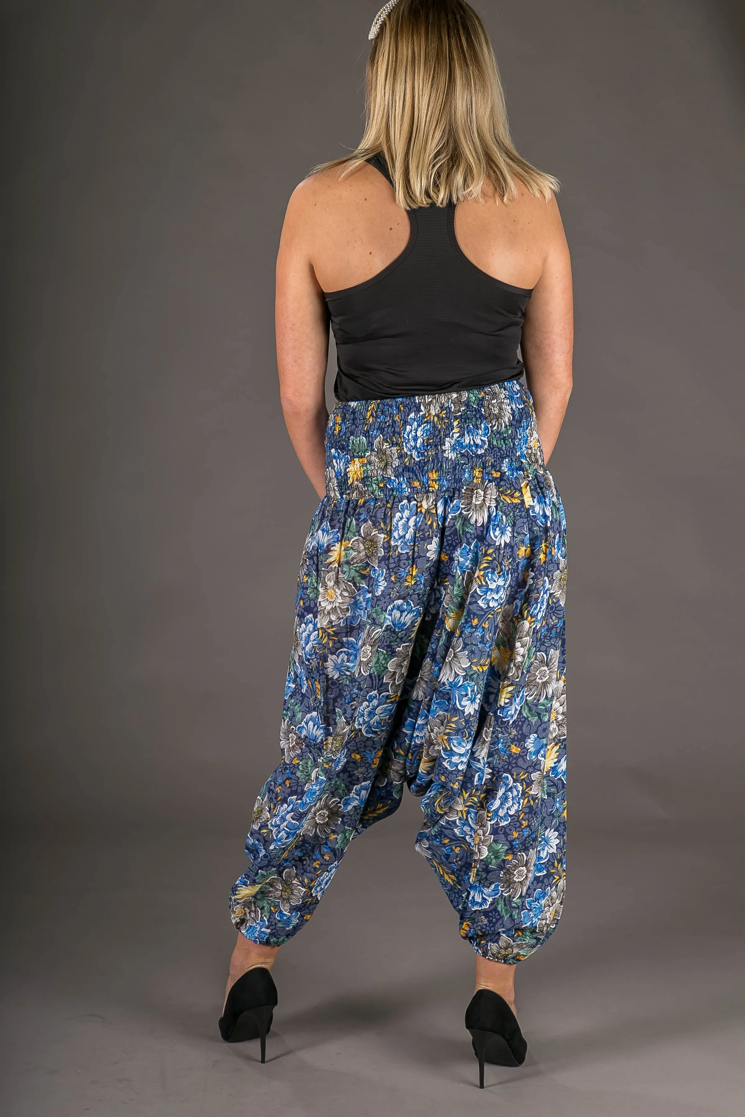 Blue Yellow Floral Print Cotton Harem Yoga Jumpsuit Pants