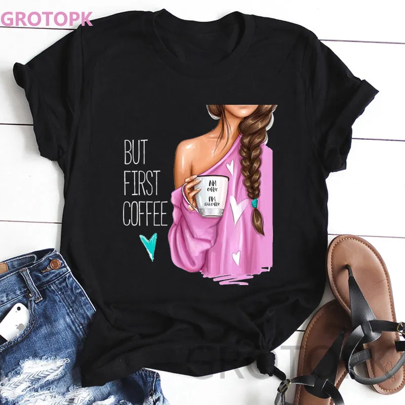 BUT FIRST COFFEE Print Funny T Shirts Women's Street wear Polyester Tee Shirt