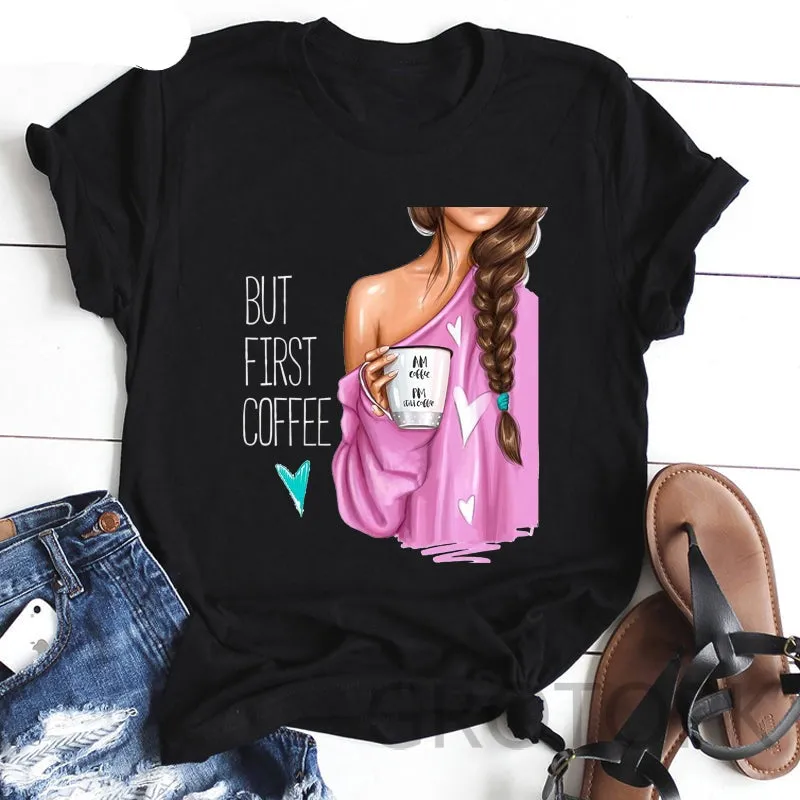 BUT FIRST COFFEE Print Funny T Shirts Women's Street wear Polyester Tee Shirt