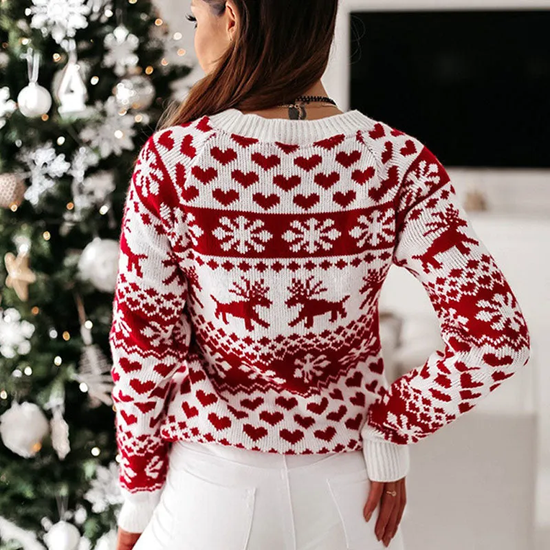 Cozy Ribbed Round Neck Long Sleeve Christmas Pullover Sweater - White