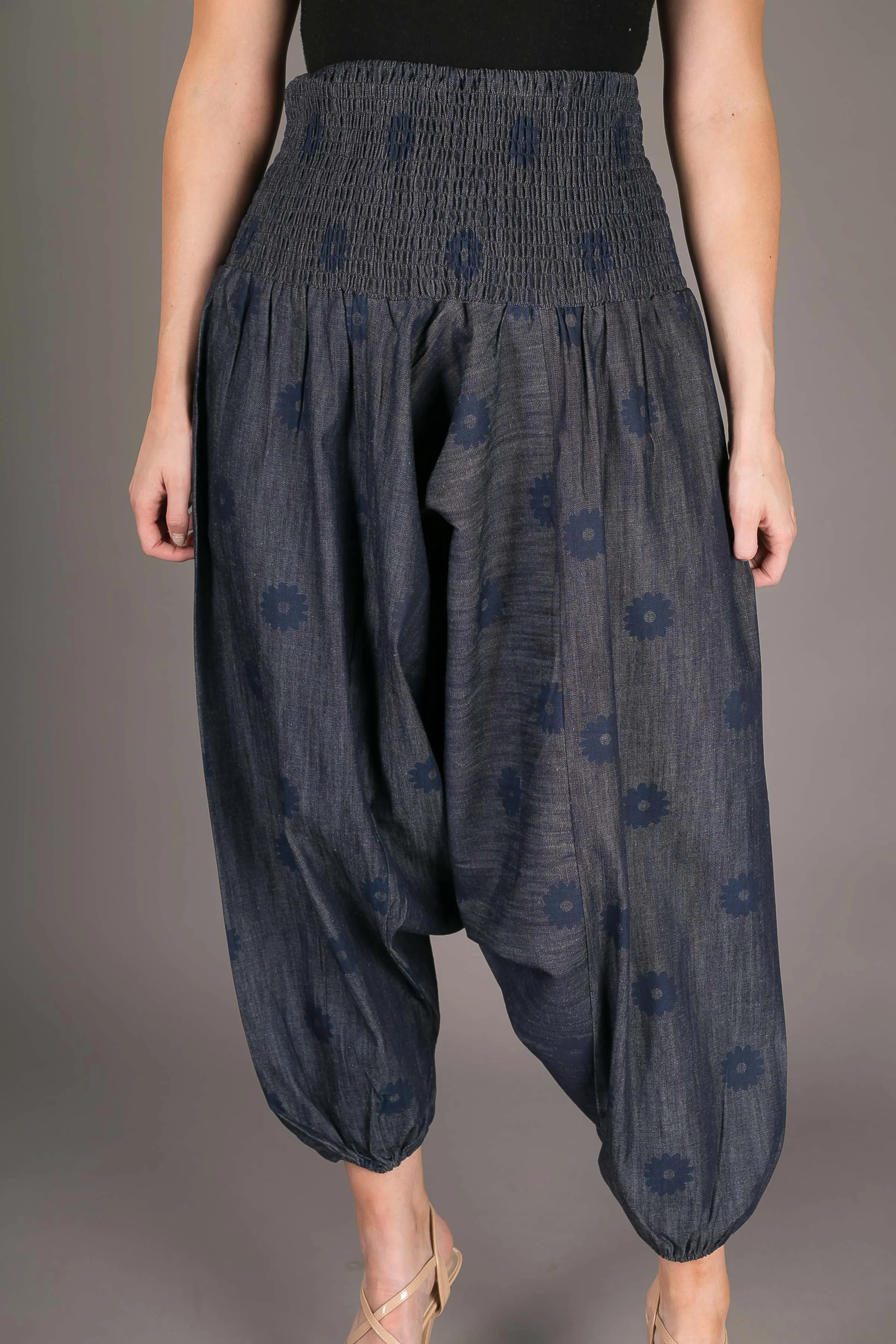 Denim Floral Cotton Harem Yoga Jumpsuit Pants