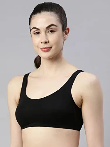 Enamor SB06 Low Impact Slip on Everyday Sports Bra for Women - Non-Padded, Non-Wired & High Coverage | Available in Solids & Prints Black