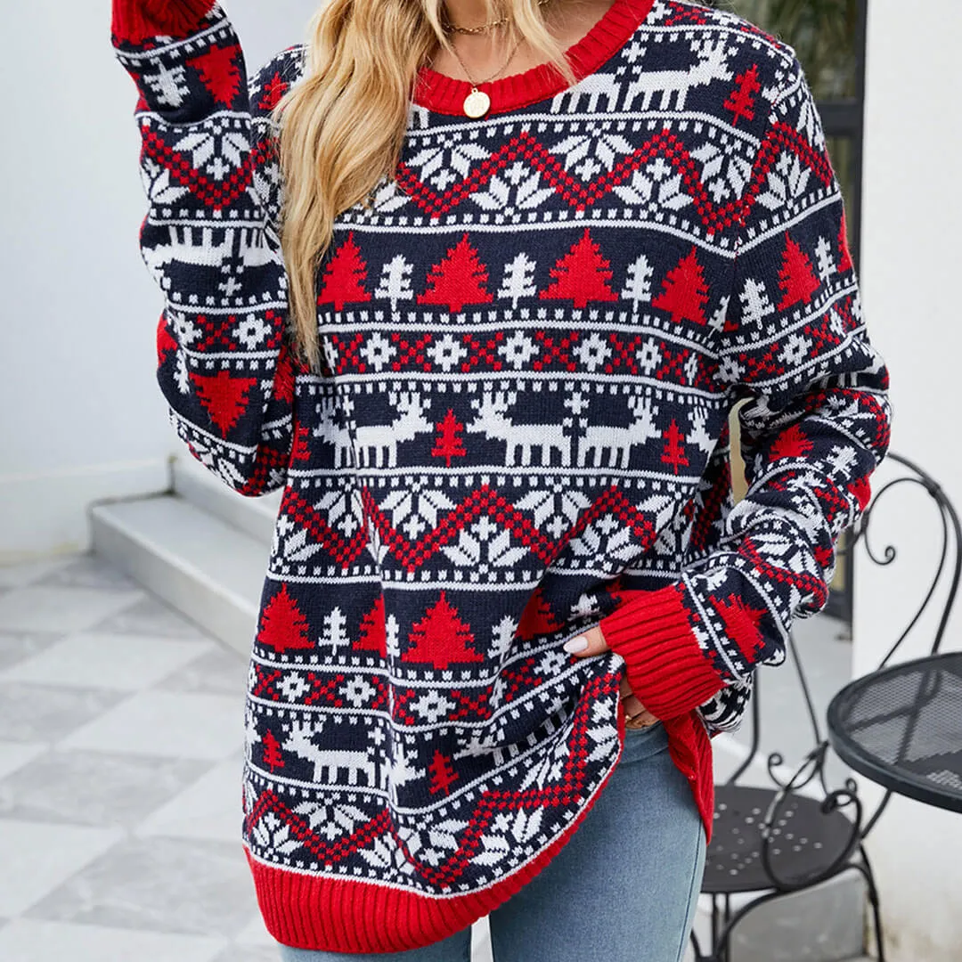 Festival Christmas Pattern Rib Knit Long Sleeve Pullover Sweater - Navy Blue