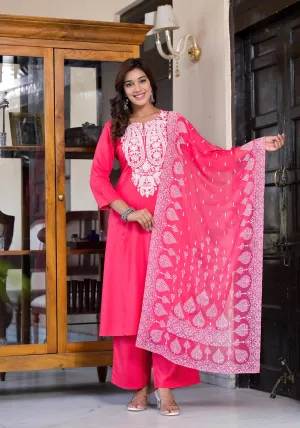 Fuchsia Thread Embroidered Rayon Kurta Set