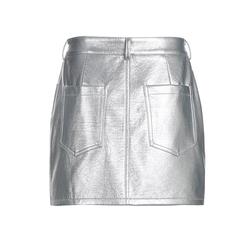 Futuristic Metallic Effect Single Button High Waist Bodycon Mini Skirt - Silver