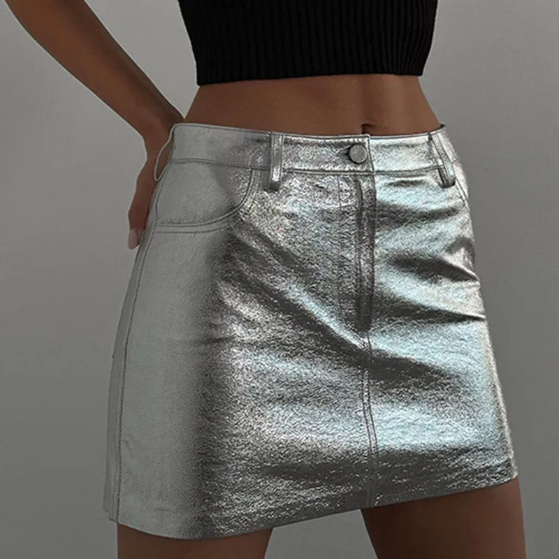 Futuristic Metallic Effect Single Button High Waist Bodycon Mini Skirt - Silver