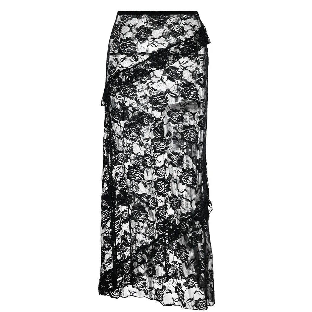 Gothic Style High Waist Ruffle Fishtail Rose Lace Sheer Midi Skirt - Black