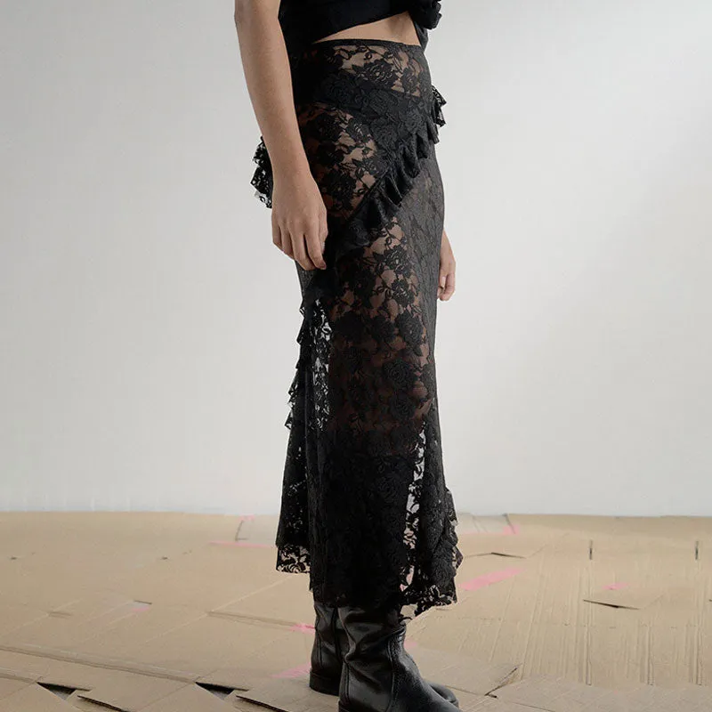 Gothic Style High Waist Ruffle Fishtail Rose Lace Sheer Midi Skirt - Black