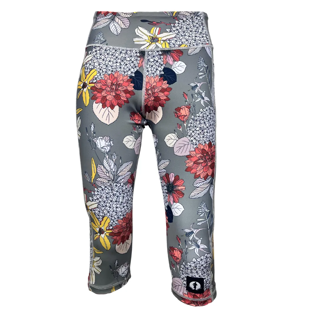 High Waist Funky 3/4 Leggings - Grey Floral Charms