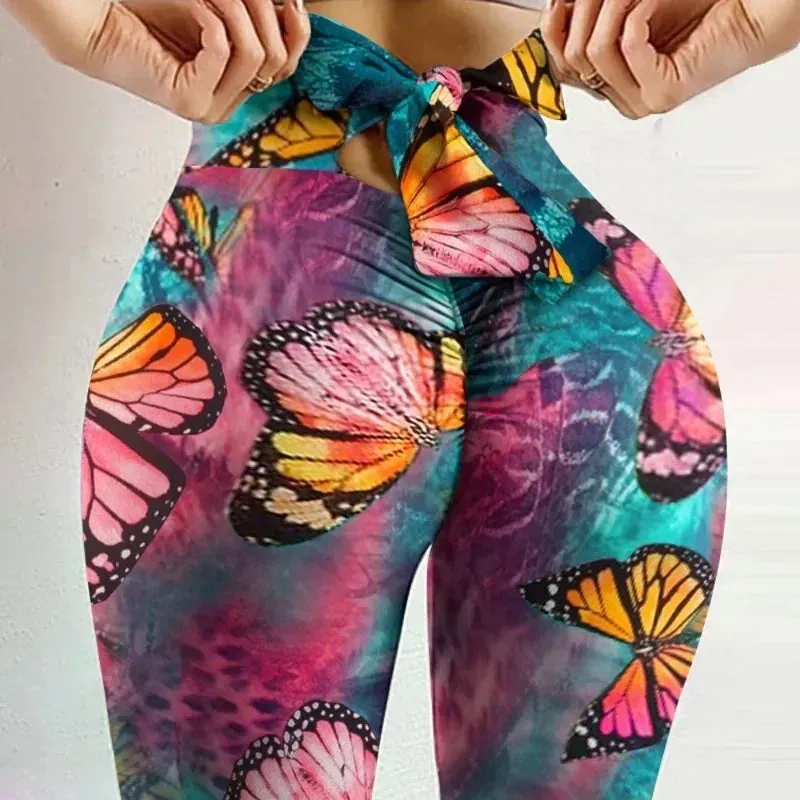 High Waist Sexy Butterfly Printed Bowknot Yoga Bow Bandage Tights Butt Lift Leggings