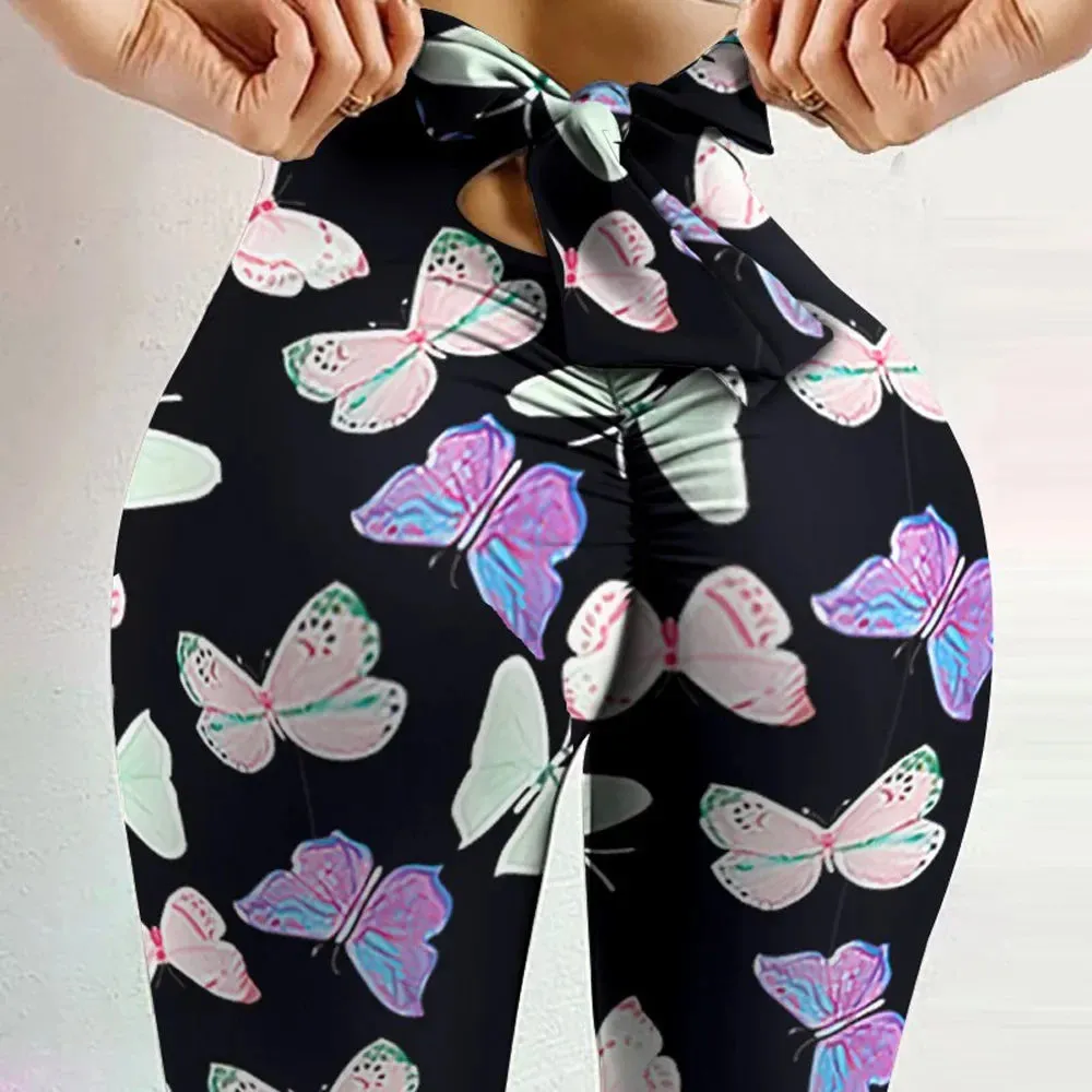 High Waist Sexy Butterfly Printed Bowknot Yoga Bow Bandage Tights Butt Lift Leggings