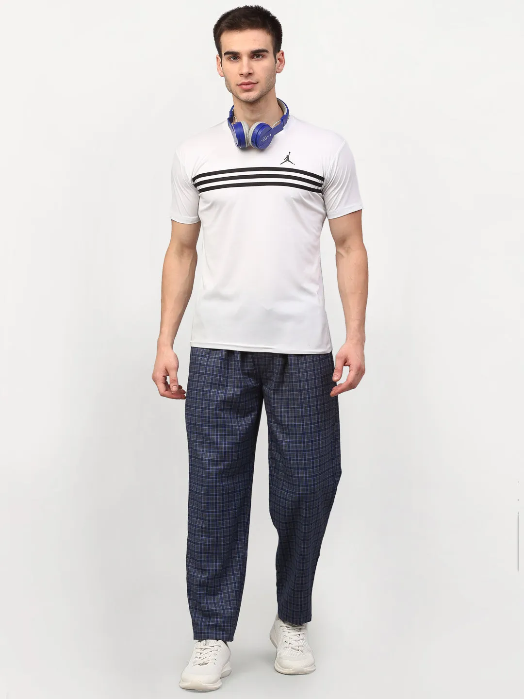 Jashvi Men's Navy Blue Cotton Checked Track Pants