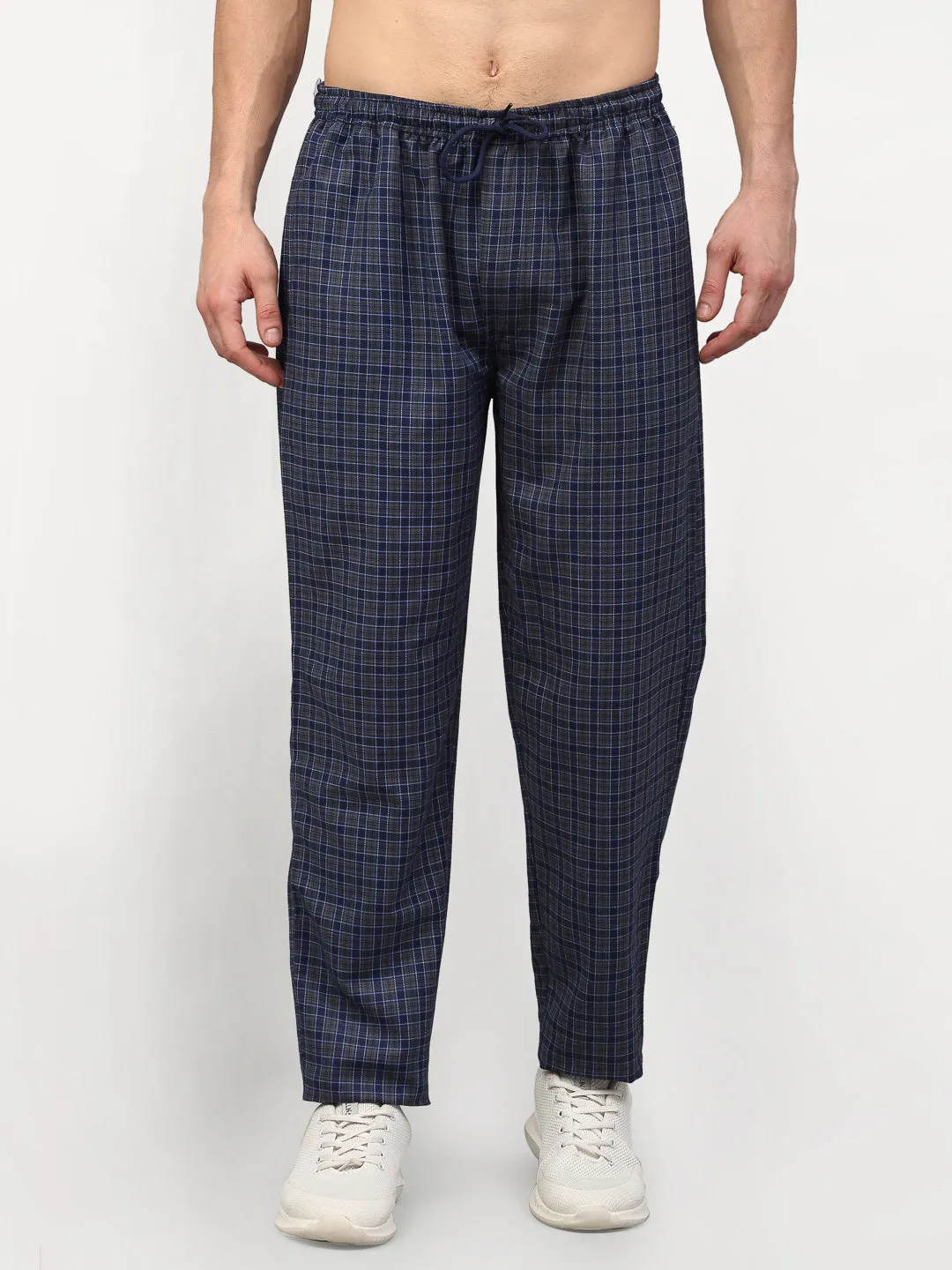 Jashvi Men's Navy Blue Cotton Checked Track Pants