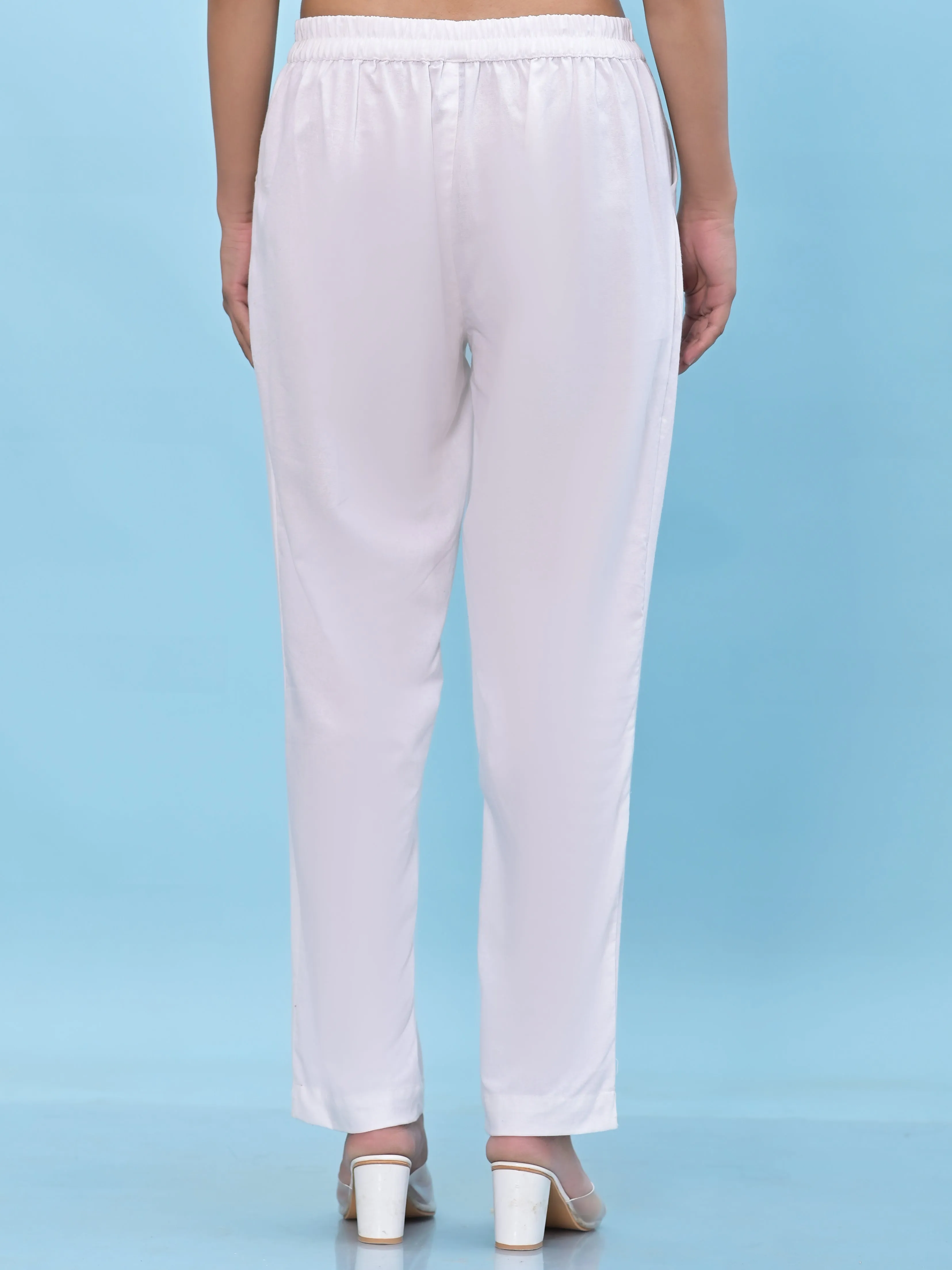 Jashvi Women White Solid Cotton Pants with Partially Elasticated Waistband and Two Side Pockets