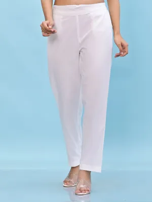 Jashvi Women White Solid Cotton Pants with Partially Elasticated Waistband and Two Side Pockets