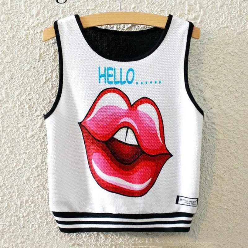 Knitted Crop Top Printed Sleeveless Shirt