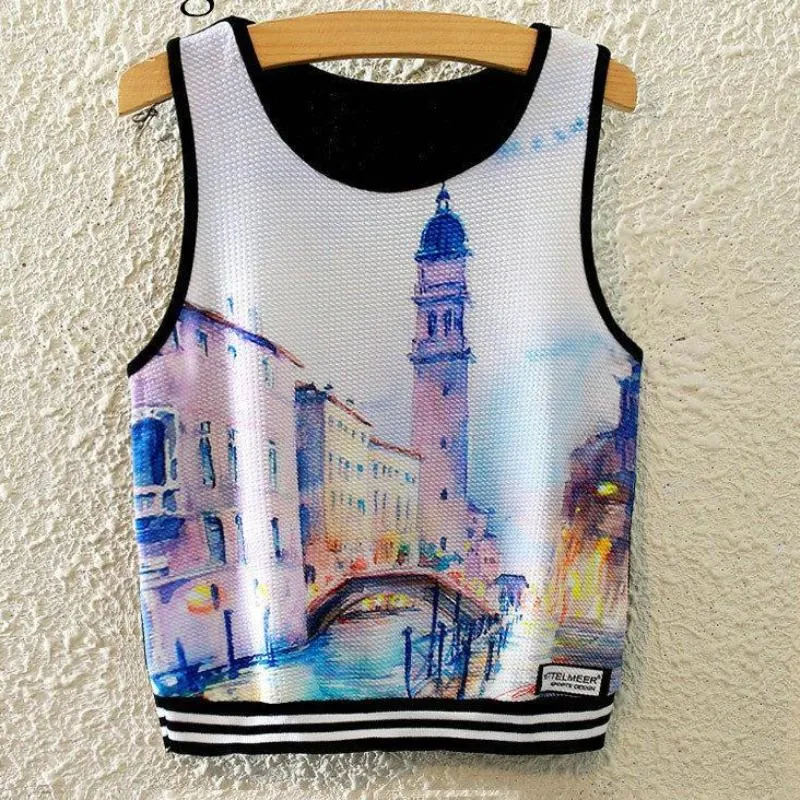 Knitted Crop Top Printed Sleeveless Shirt