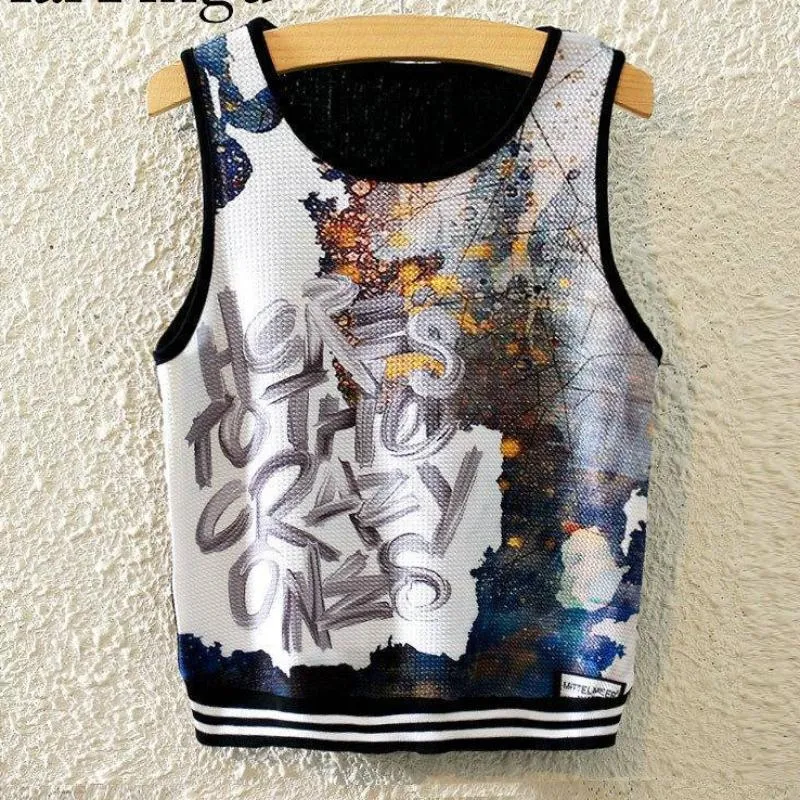 Knitted Crop Top Printed Sleeveless Shirt