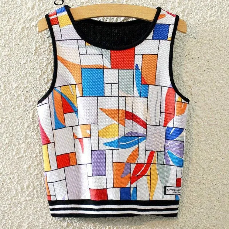 Knitted Crop Top Printed Sleeveless Shirt