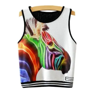 Knitted Crop Top Printed Sleeveless Shirt