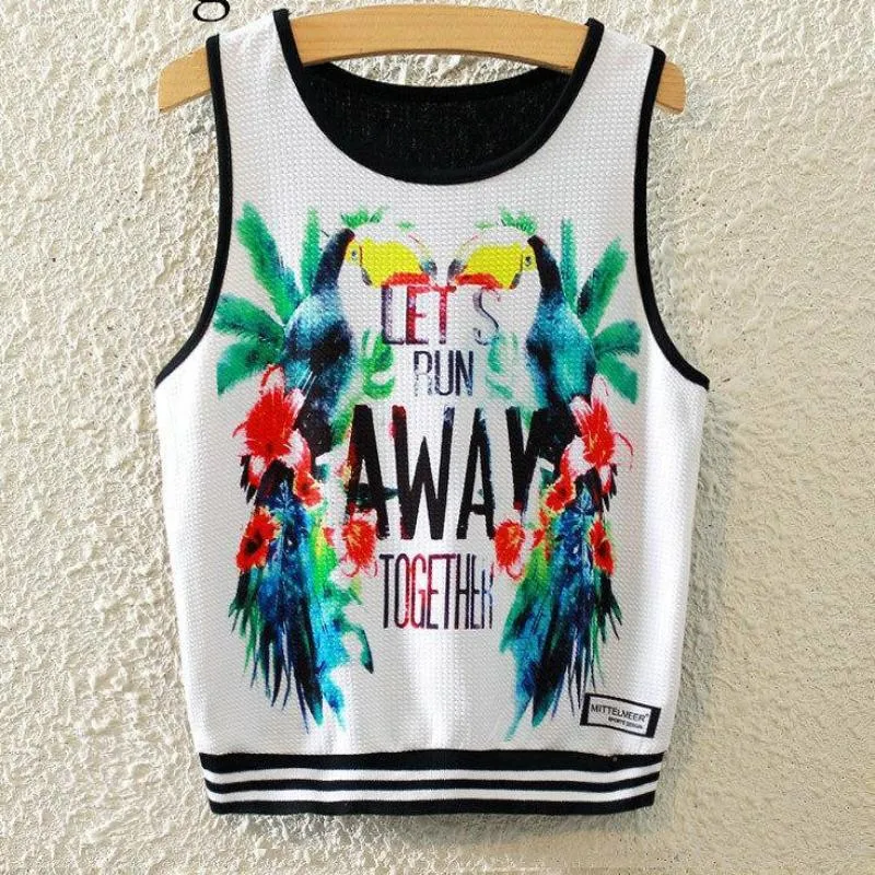 Knitted Crop Top Printed Sleeveless Shirt