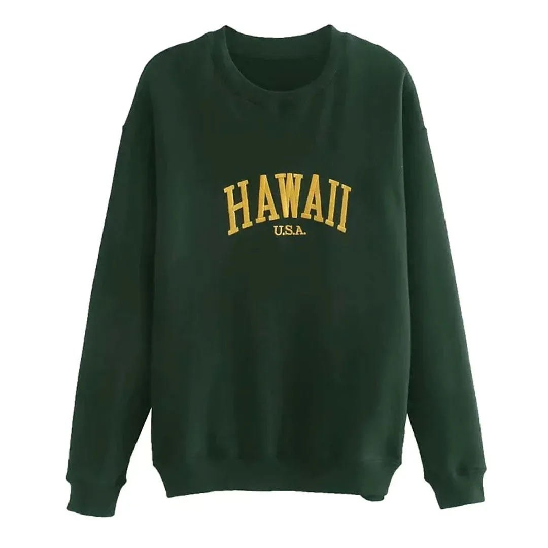 Letter Embroidery Drop Shoulder Long Sleeve Sweatshirt - Emerald Green