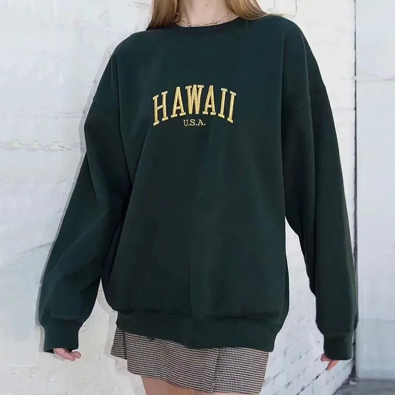 Letter Embroidery Drop Shoulder Long Sleeve Sweatshirt - Emerald Green