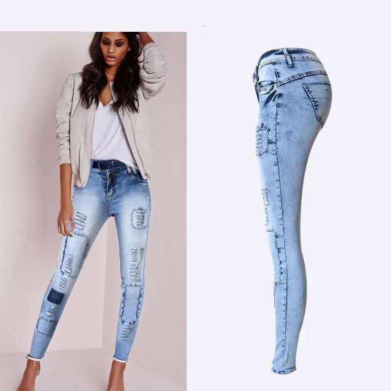 Low Waist Sky Blue Patchwork Skinny Tights Women Jeans High Stretch Push Up Fashion Jeans