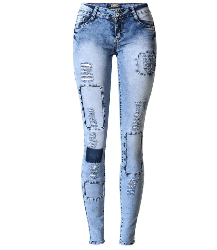 Low Waist Sky Blue Patchwork Skinny Tights Women Jeans High Stretch Push Up Fashion Jeans