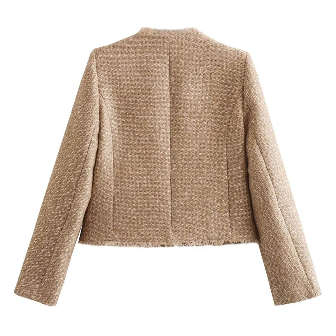 Luxury Crew Neck Button Up Patch Pocket Long Sleeve Crop Tweed Jacket