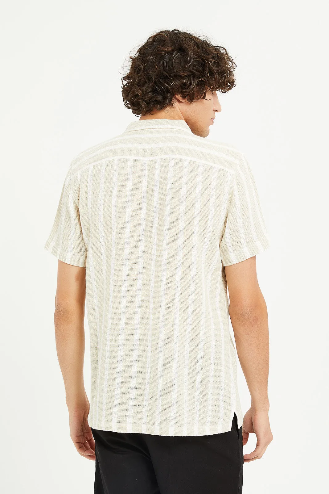 Men Beige Loose Knit Striped Shirt