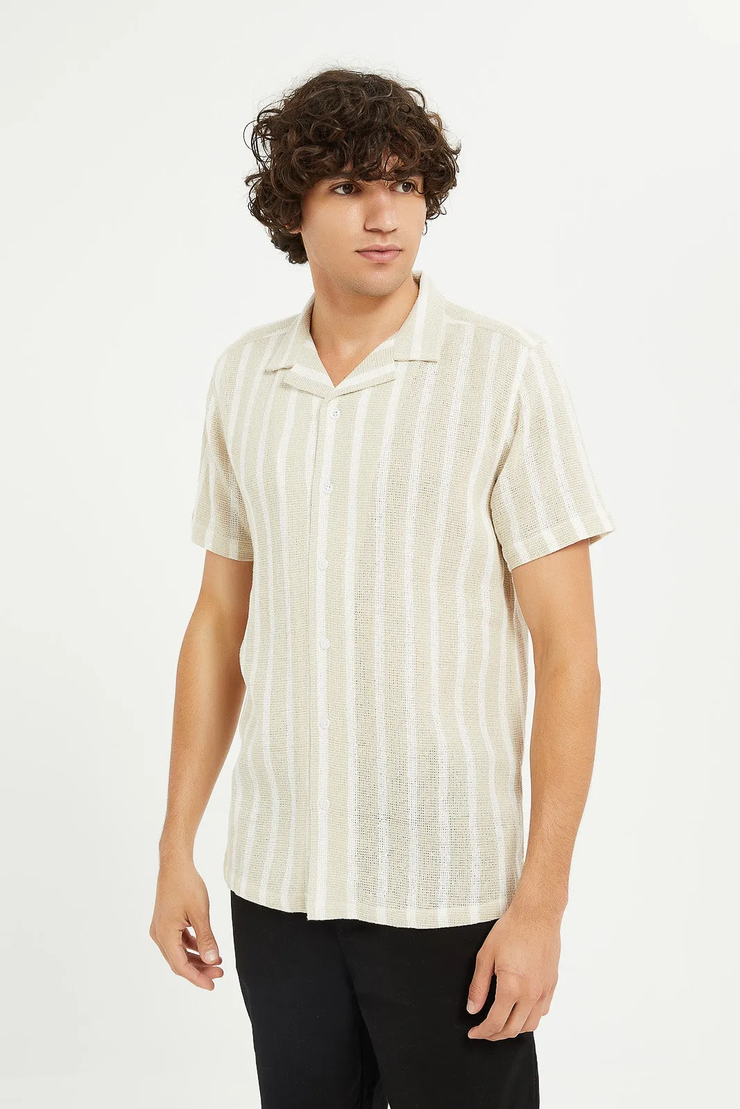 Men Beige Loose Knit Striped Shirt