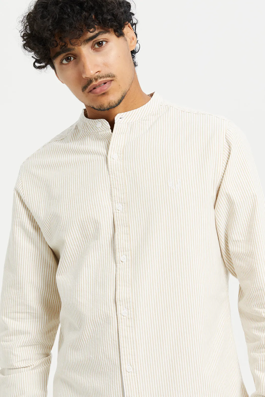 Men Beige Striped Mandarin Collar Shirt