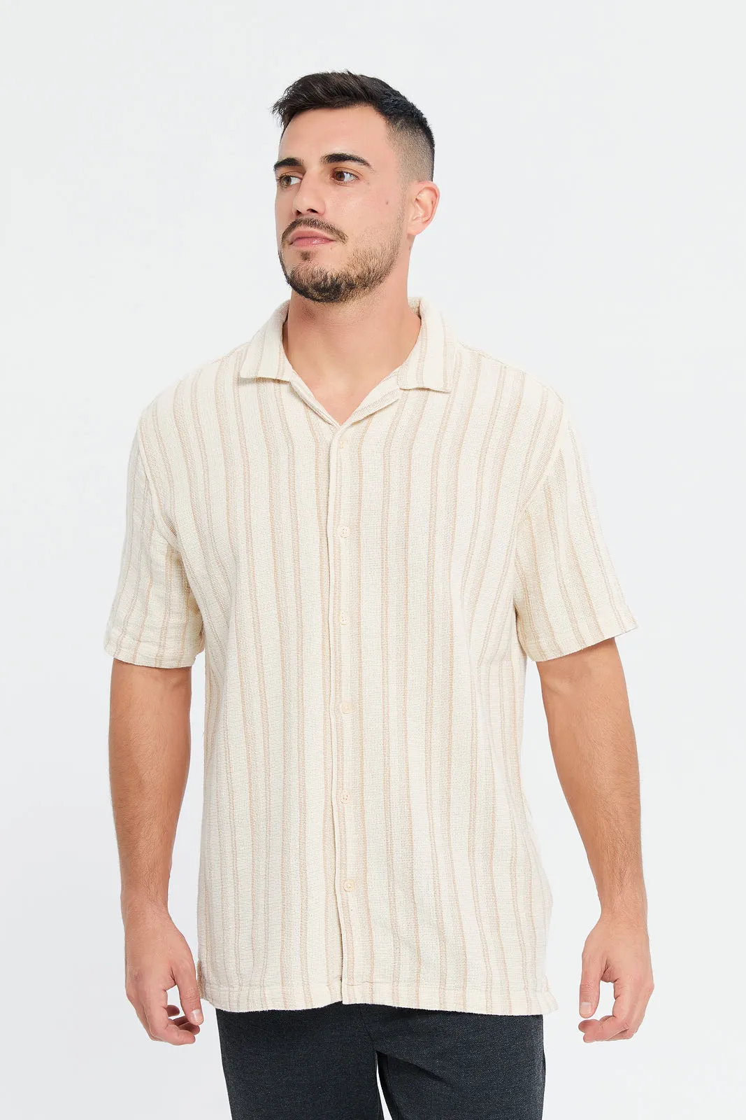 Men Beige Striped Resort Shirt