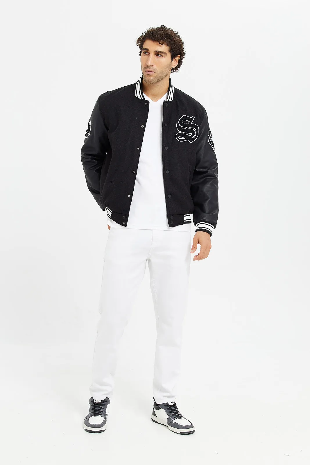 Men Black Baseball Bomber Jacket