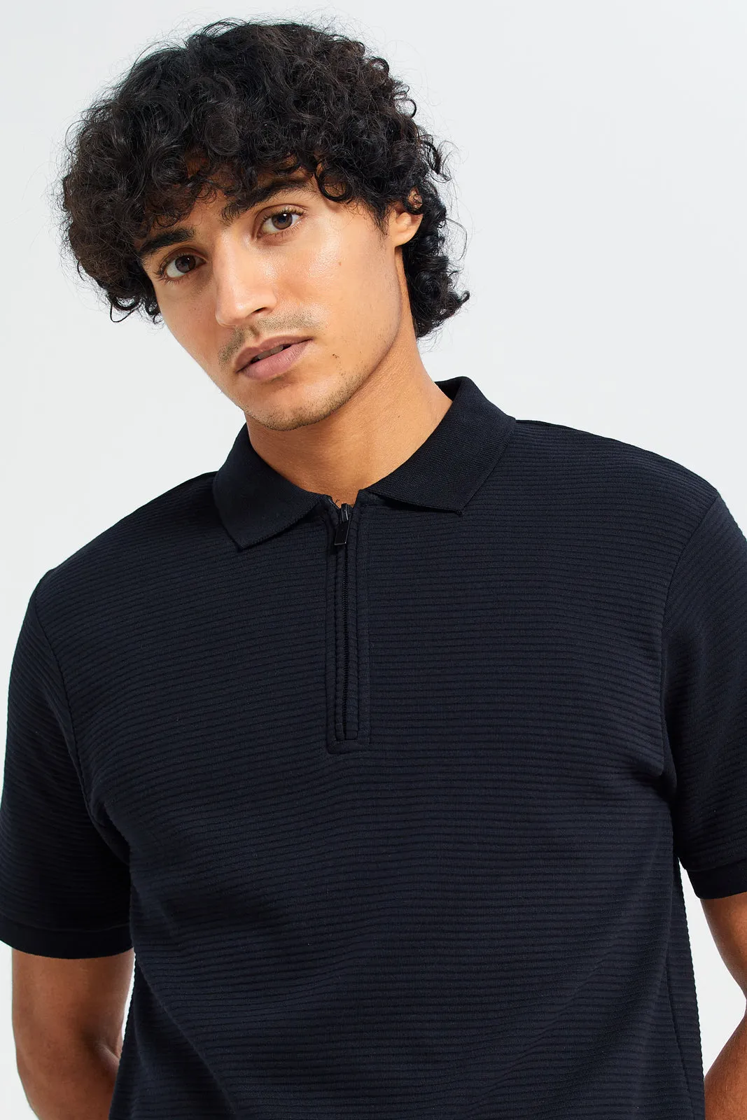 Men Black Textured Polo Shirt