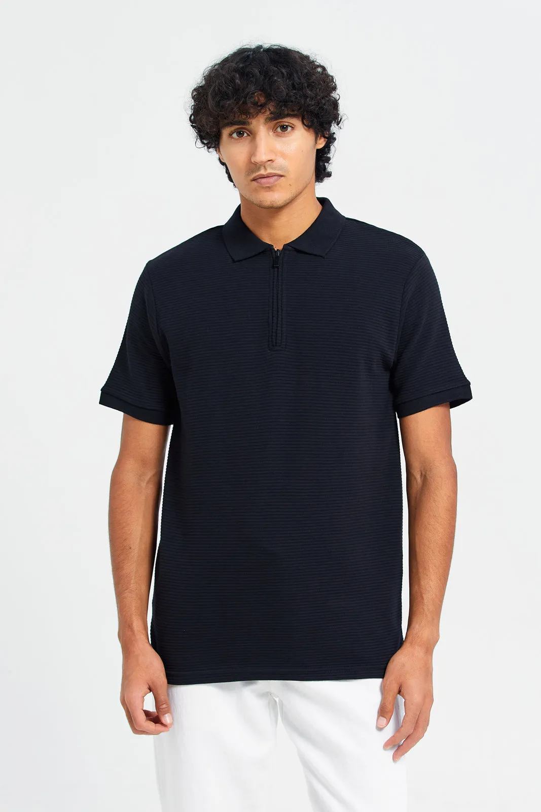 Men Black Textured Polo Shirt