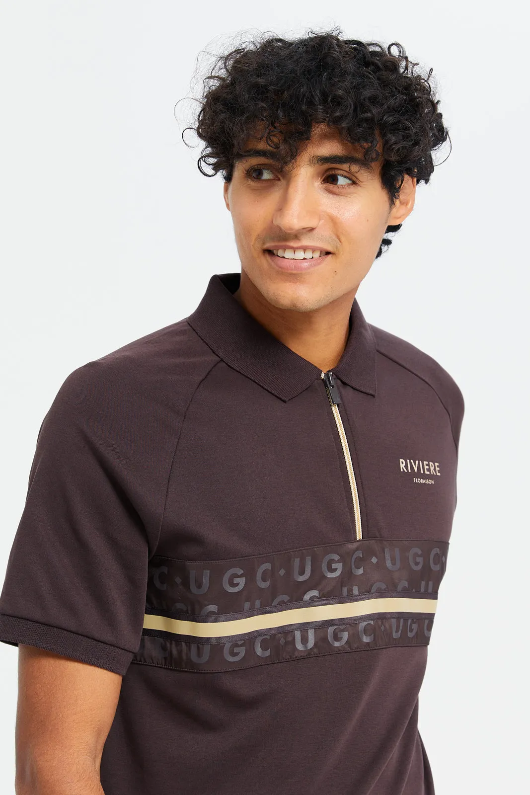 Men Burgundy Zip Placket Polo Shirt