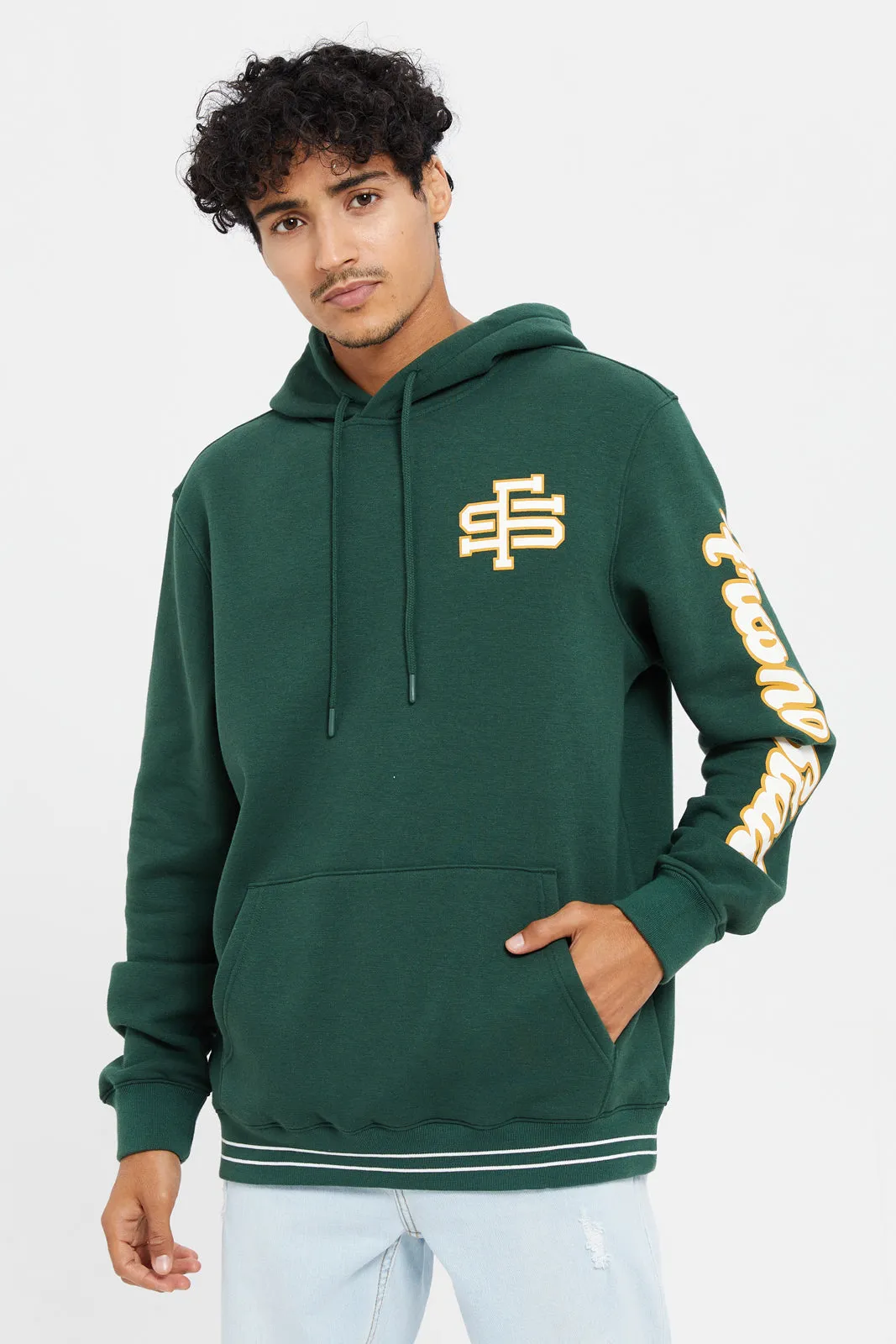 Men Green Printed Hoodie Sweatshirt