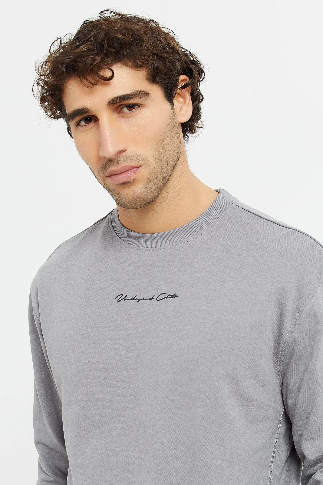 Men Grey Embroidered Sweatshirt